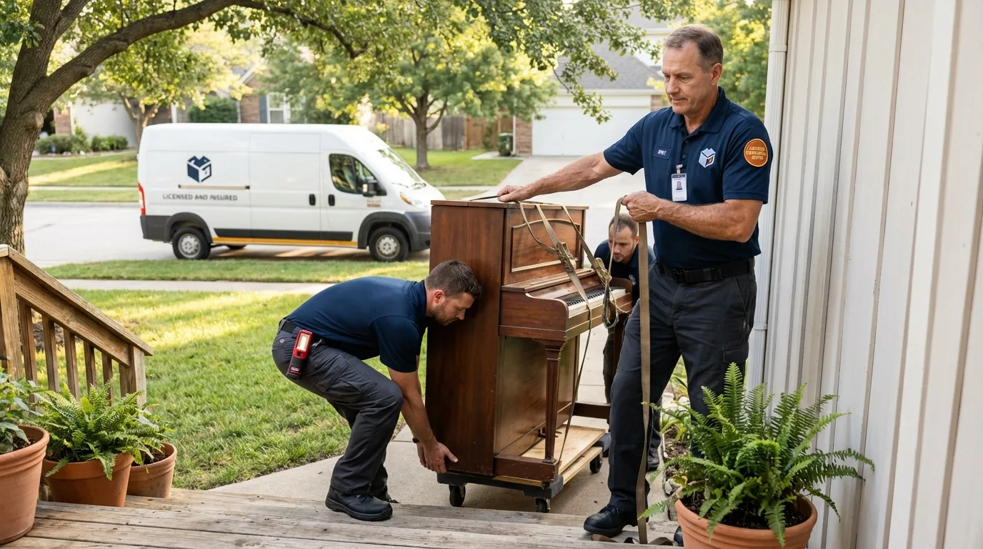 Licensed piano movers securing grand piano in Winneconne, WI